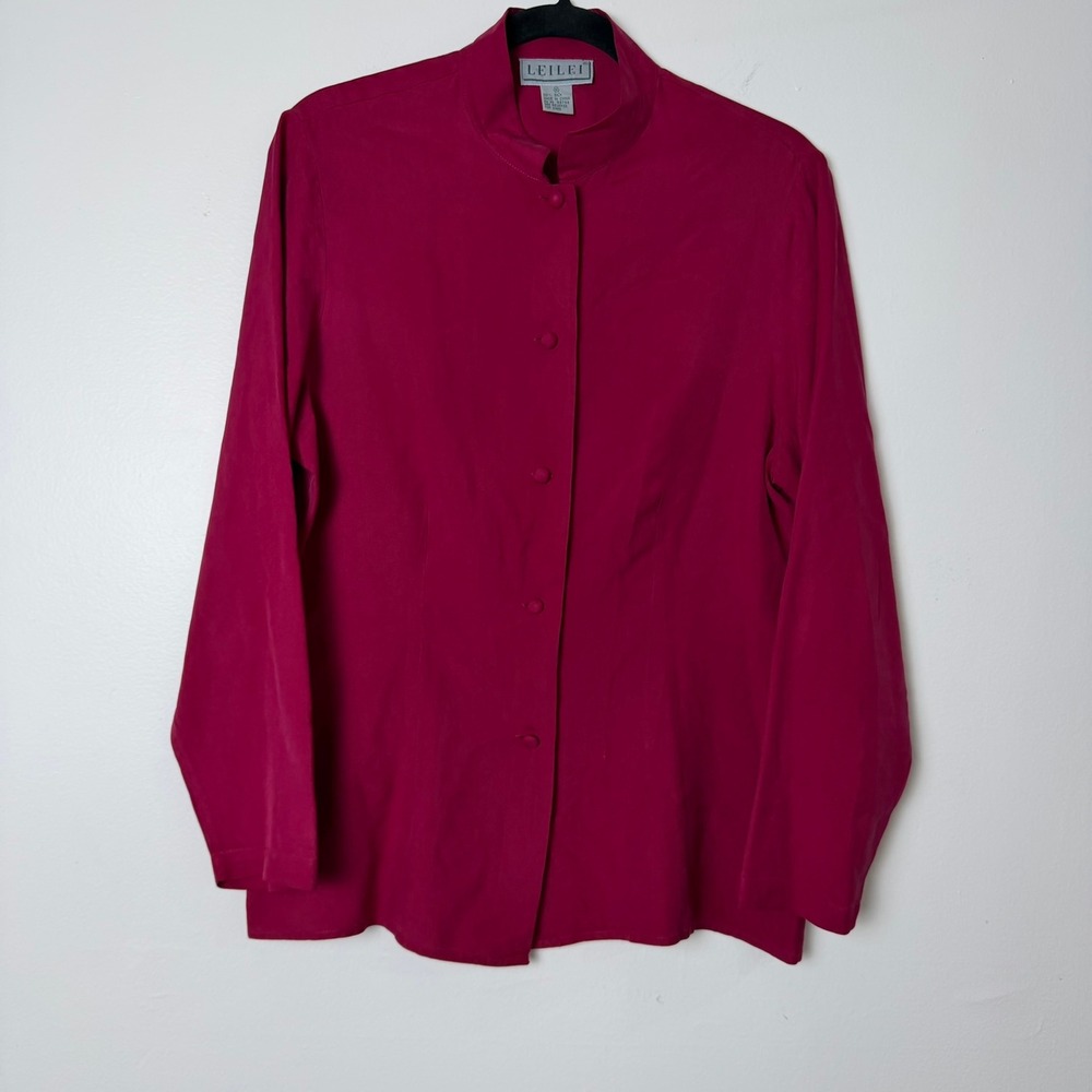 LEILEI Silk Blouse Women Medium Magenta Mandarin Collar Button Front Long Sleeve